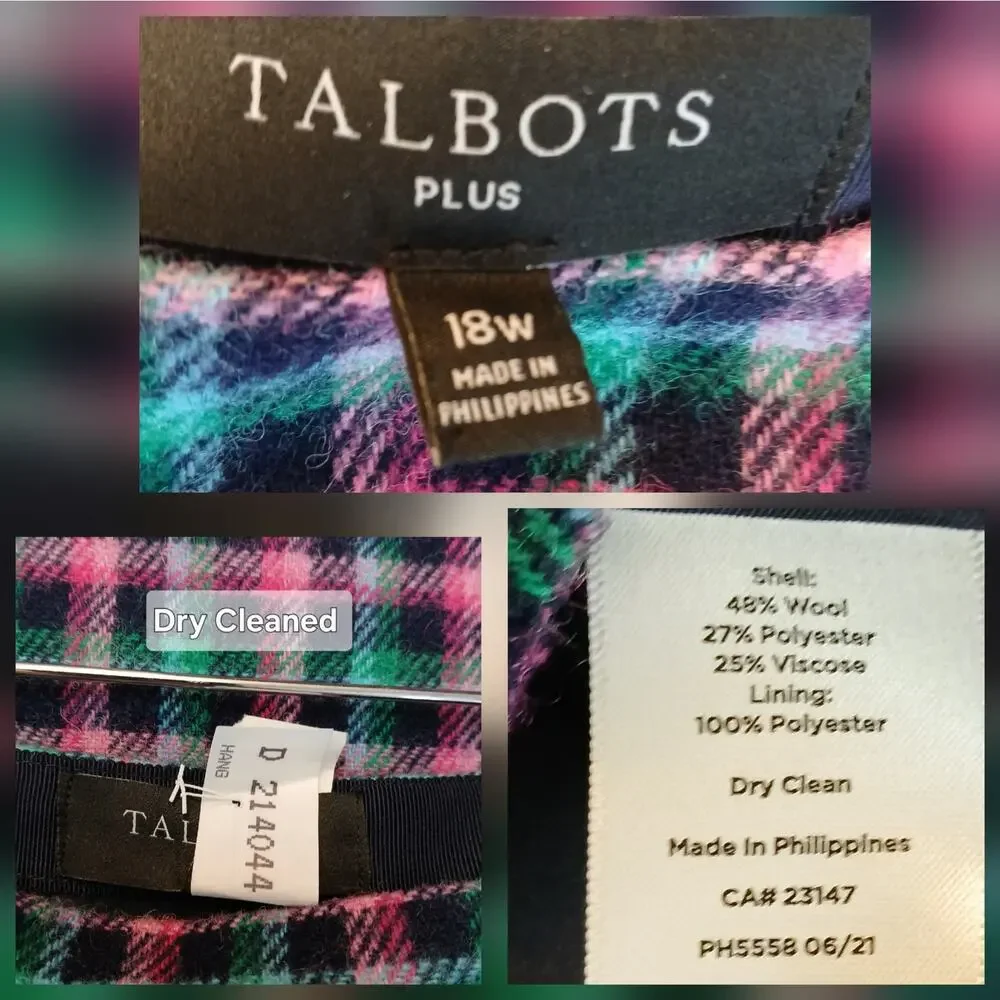 Talbots Plus SZ 18W Wool Blend Check Plaid Mini Skirt in Black-Pink-Aqua